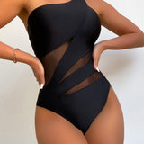 Maiô Feminino Assimétrico Preto com Tule