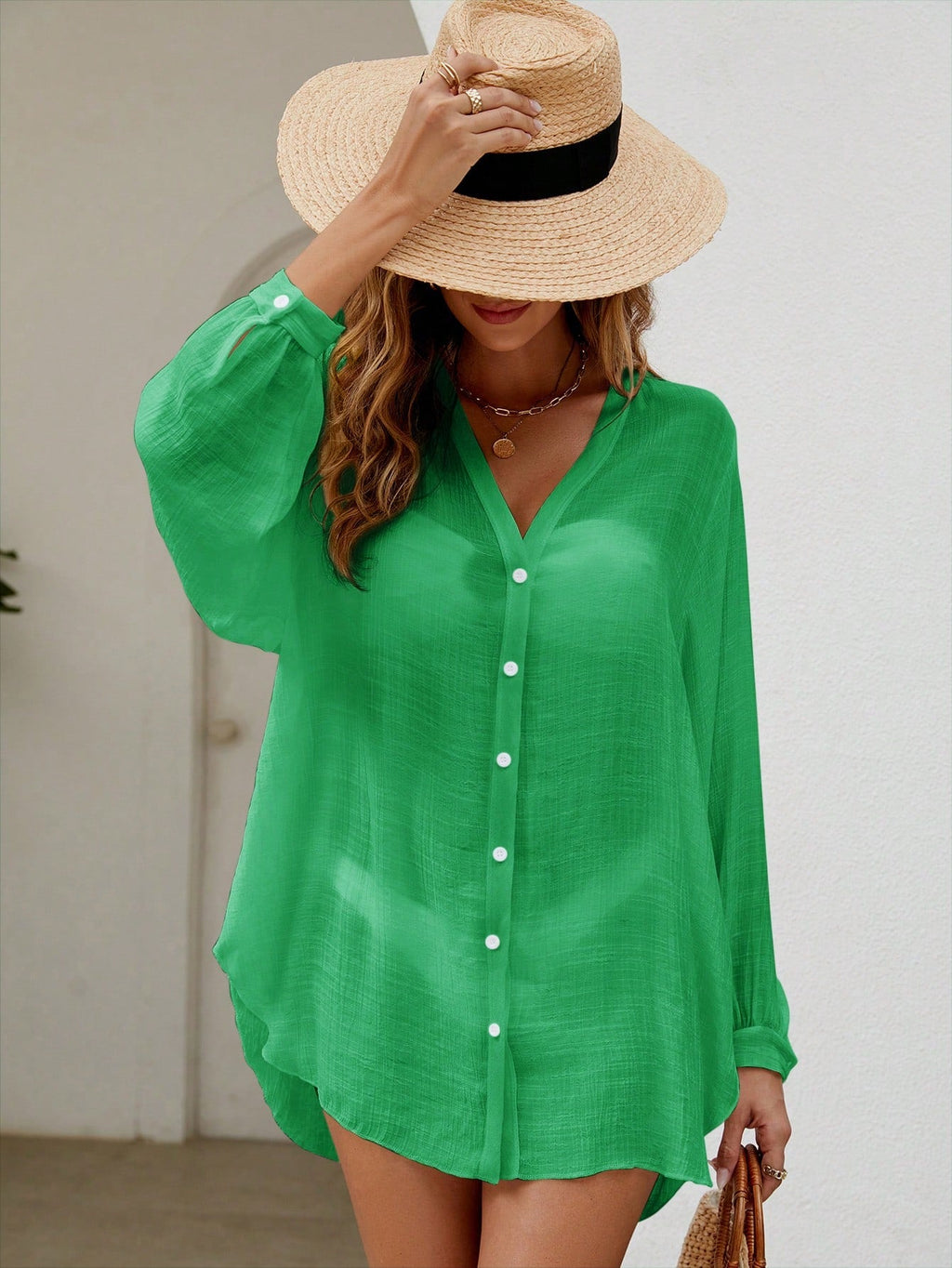 Saída de Praia Camisa com Botões Transparente