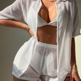 Saída de Praia Conjunto Feminino Short e Camisa Tecido Vazado
