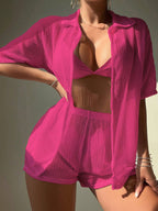 Saída de Praia Conjunto Feminino Short e Camisa Tecido Vazado