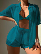 Saída de Praia Conjunto Feminino Short e Camisa Tecido Vazado