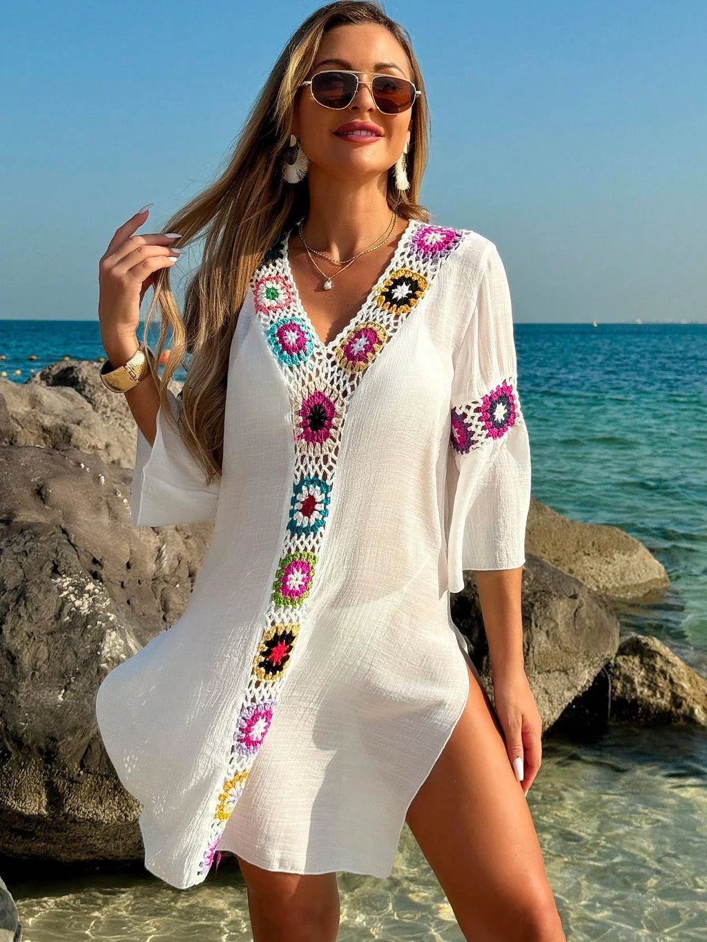 Saída de Praia Vestido Meia Manga com Fenda