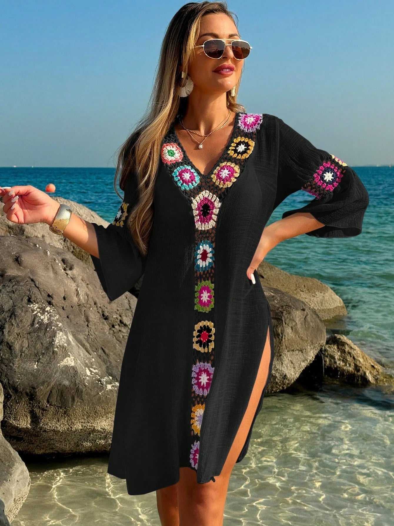 Saída de Praia Vestido Meia Manga com Fenda