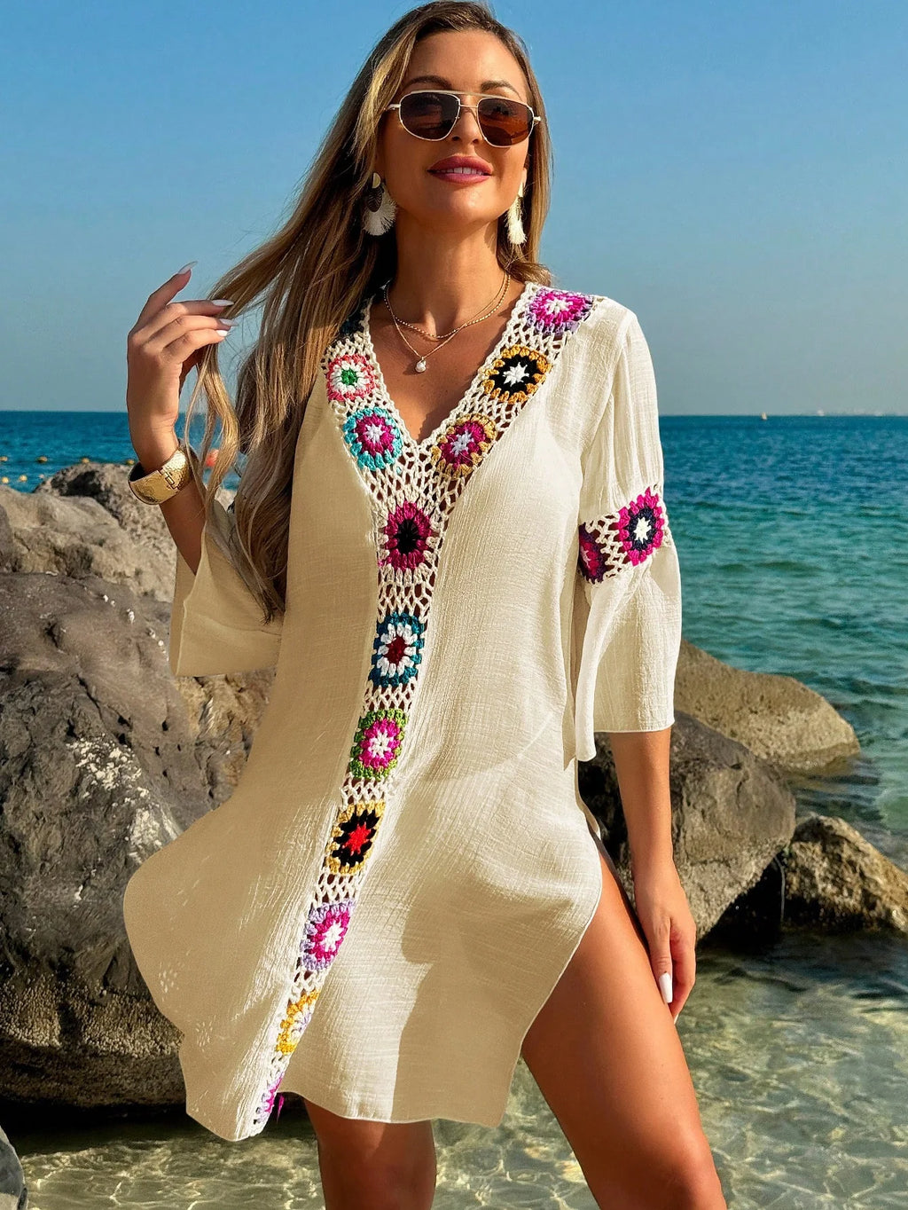 Saída de Praia Vestido Meia Manga com Fenda