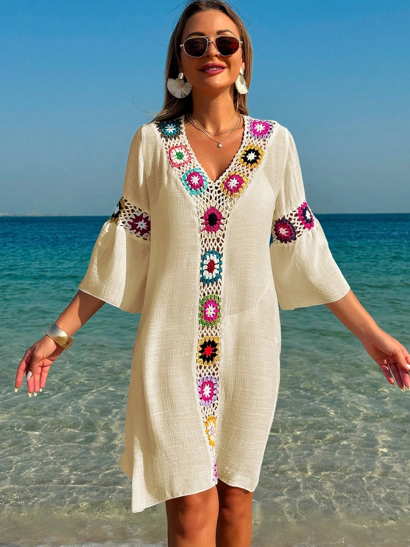 Saída de Praia Vestido Meia Manga com Fenda