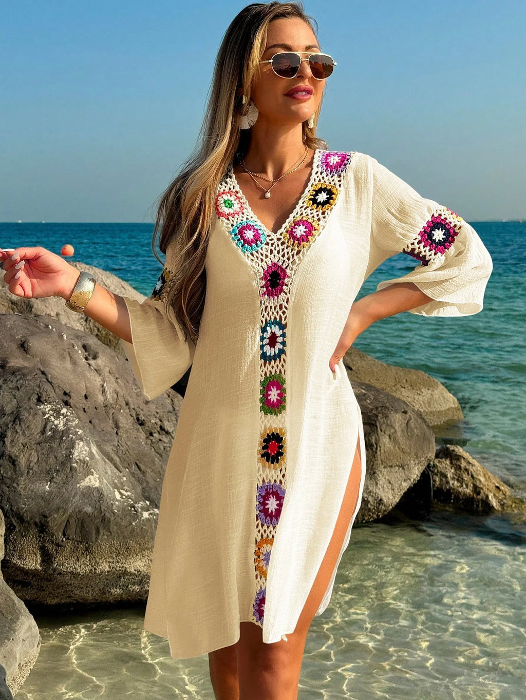 Saída de Praia Vestido Meia Manga com Fenda