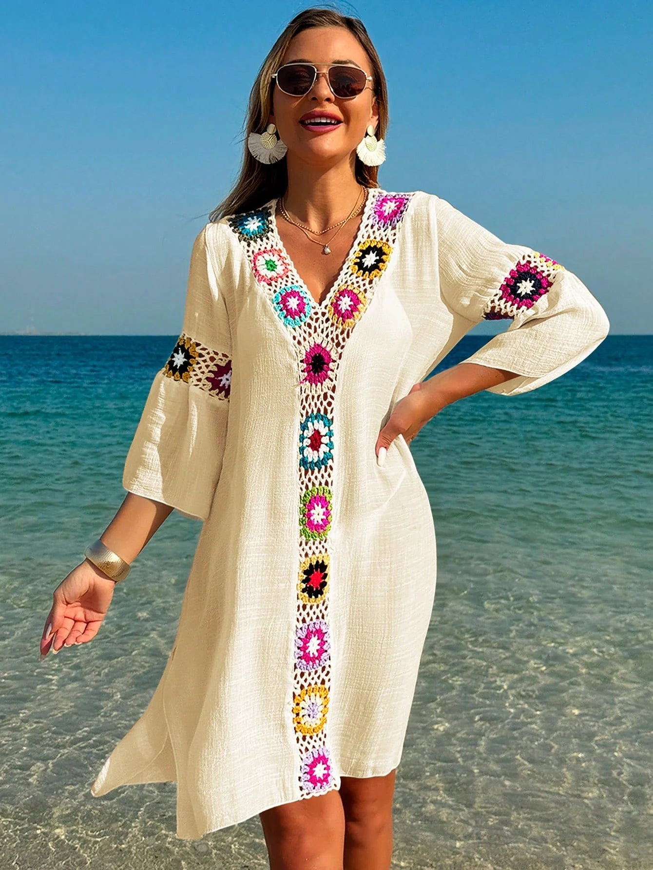 Saída de Praia Vestido Meia Manga com Fenda