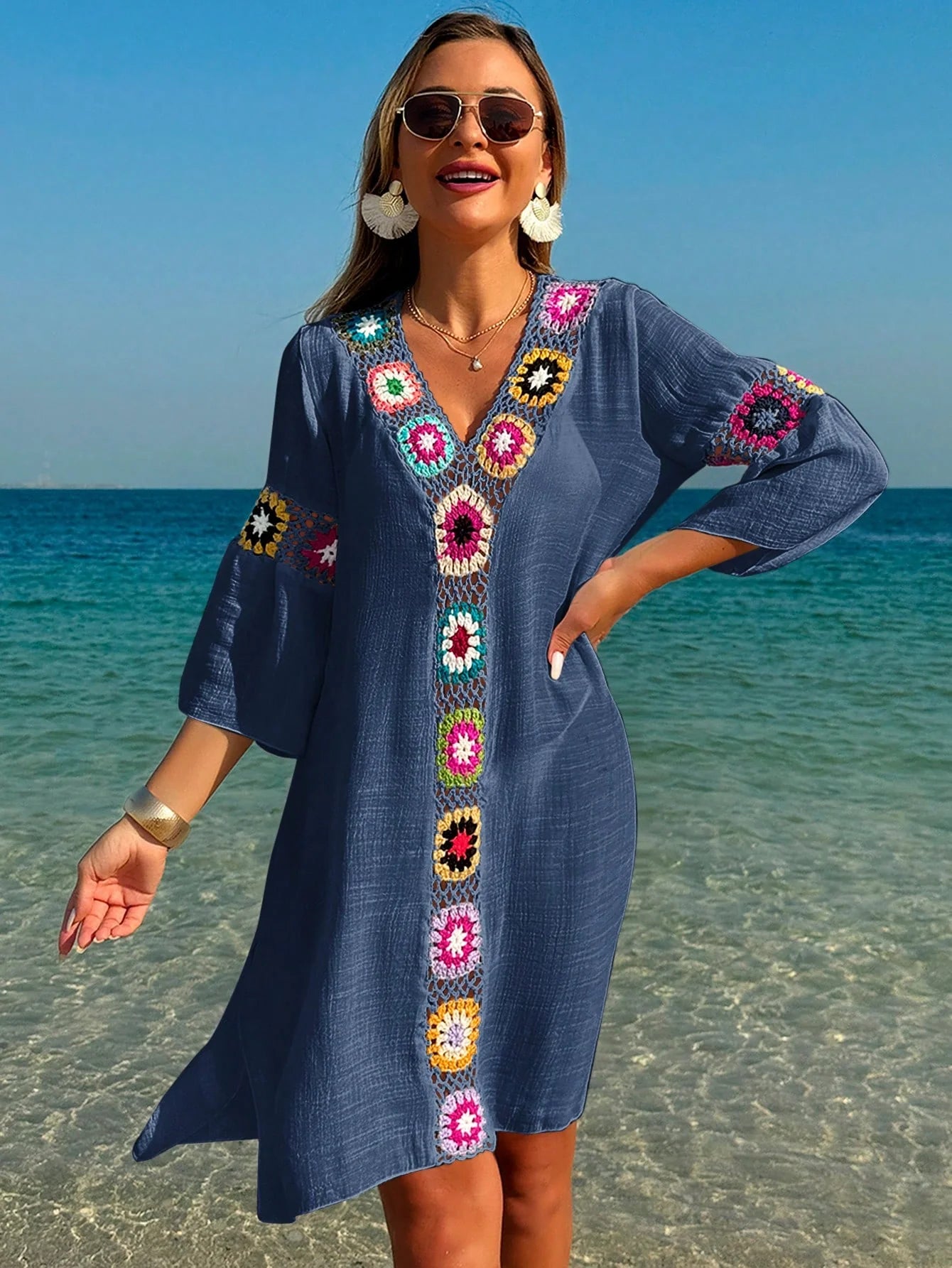 Saída de Praia Vestido Meia Manga com Fenda