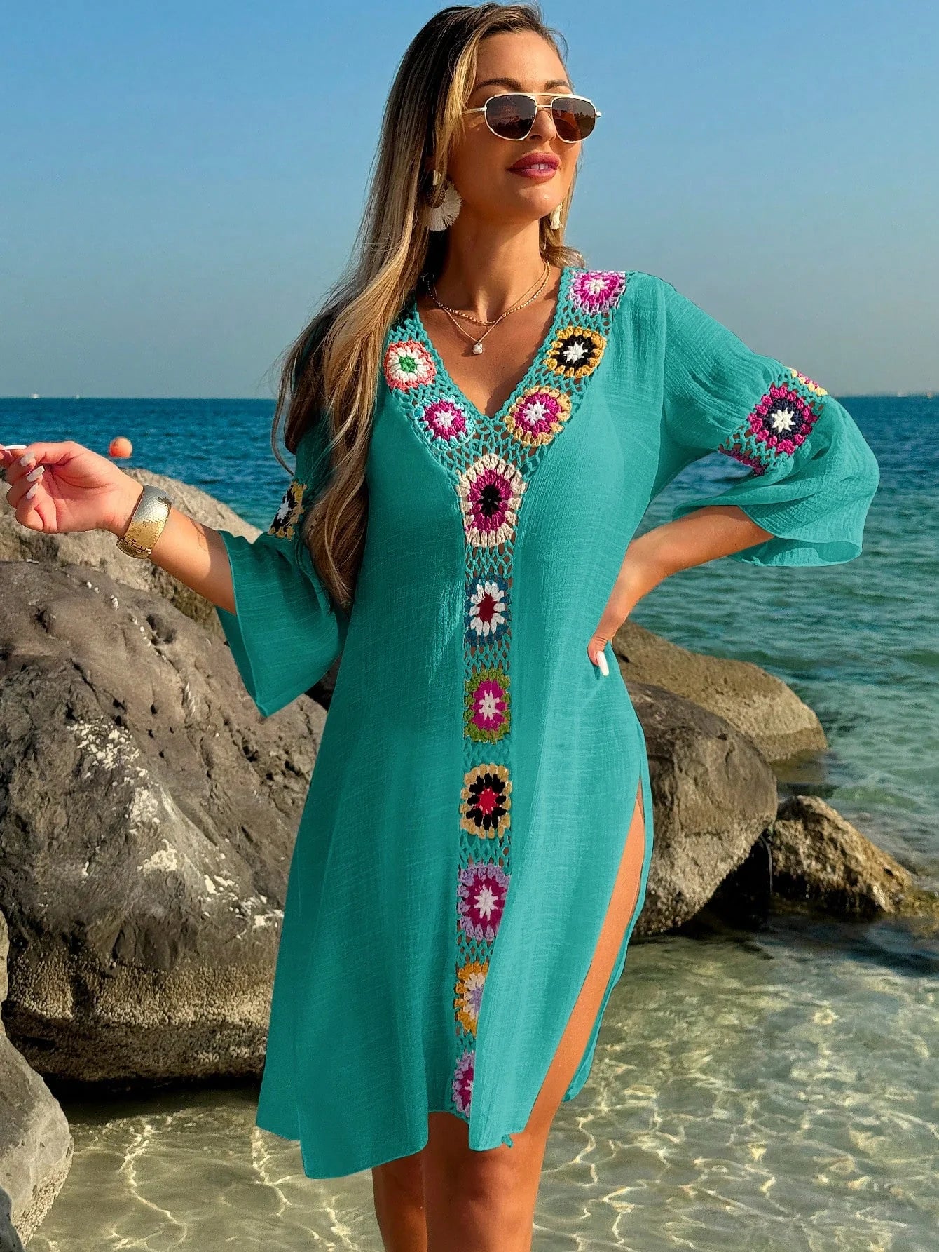 Saída de Praia Vestido Meia Manga com Fenda