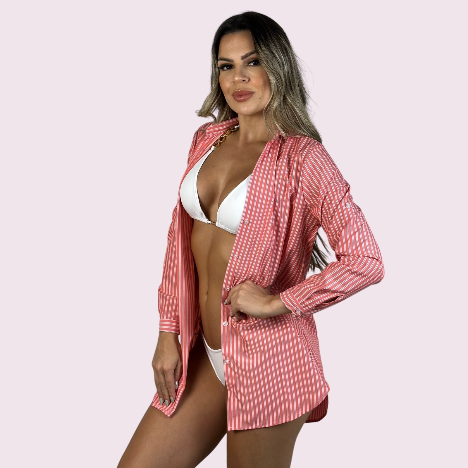 Camisa de Praia Listrada Vermelho G/GG