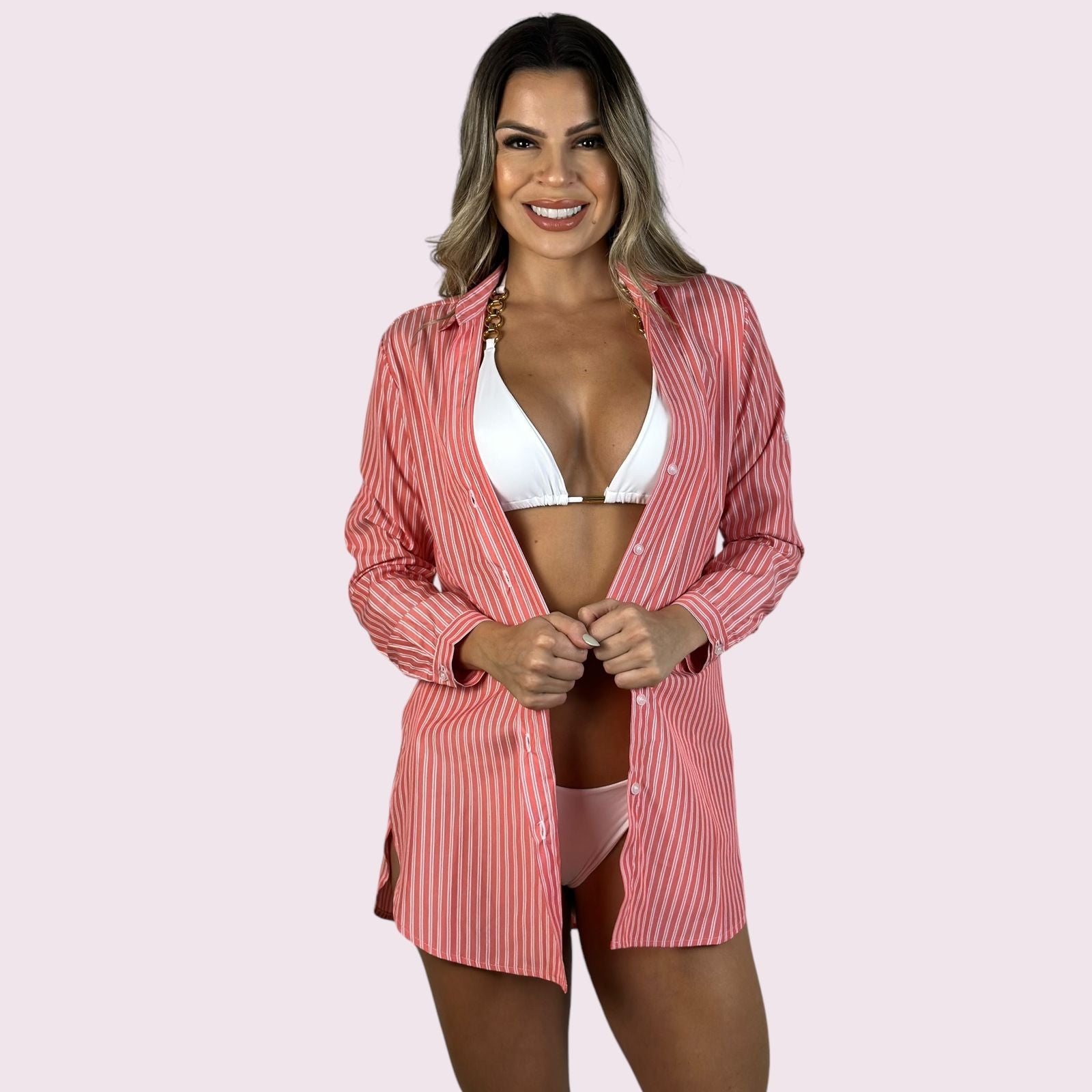 Camisa de Praia Listrada Vermelho P/M